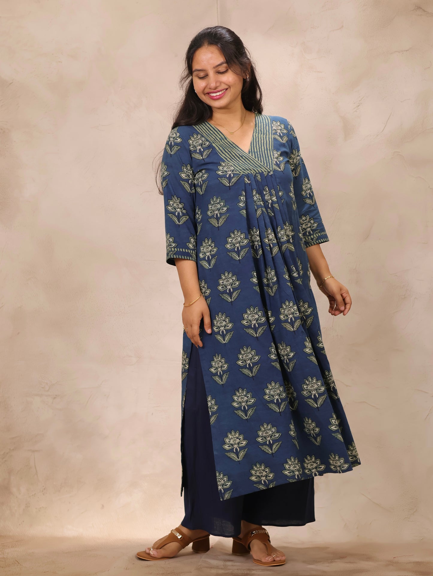 Indigo Pure Mul Cotton Ajrakh Patchwork Aline Kurta | Looms & Tassels