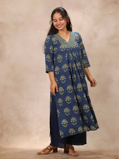 Indigo Pure Mul Cotton Ajrakh Patchwork Aline Kurta | Looms & Tassels