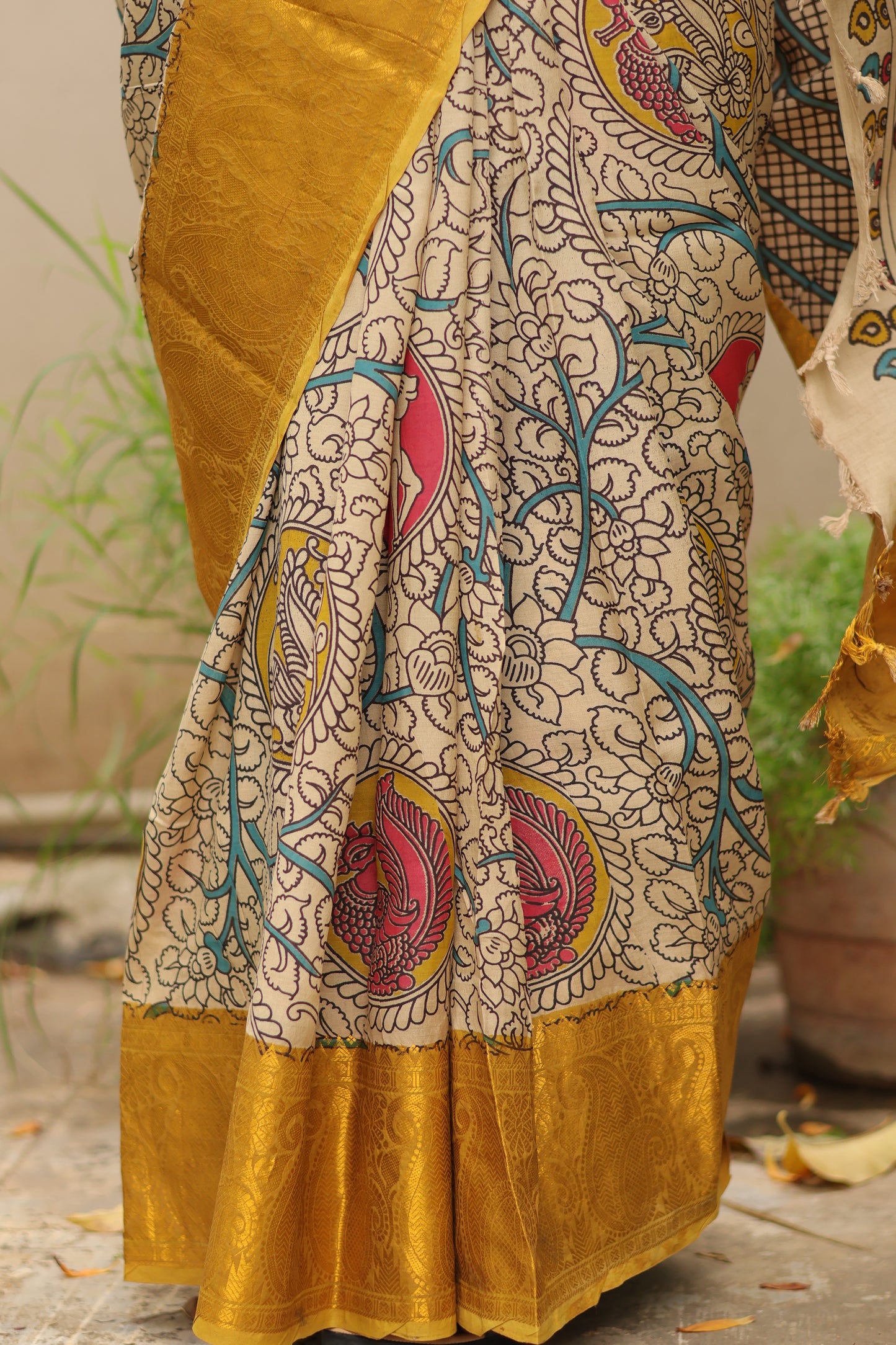 Cream Kanchi border Kalamkari chennur silk saree