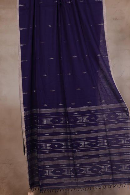 Blue Pure Handwoven Jamdhani Malai Cotton Saree with silver tissue weaving