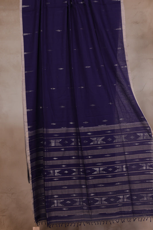 Blue Pure Handwoven Jamdhani Malai Cotton Saree with silver tissue weaving