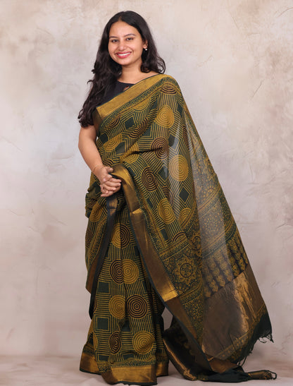 Green Ajrakh Hand Block Printed Mangalagiri Cotton Saree | Looms & Tassels