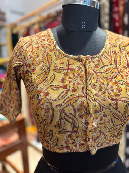 Mustard Round neck Stretchable Hand block printed kalamkari blouse with front hooks
