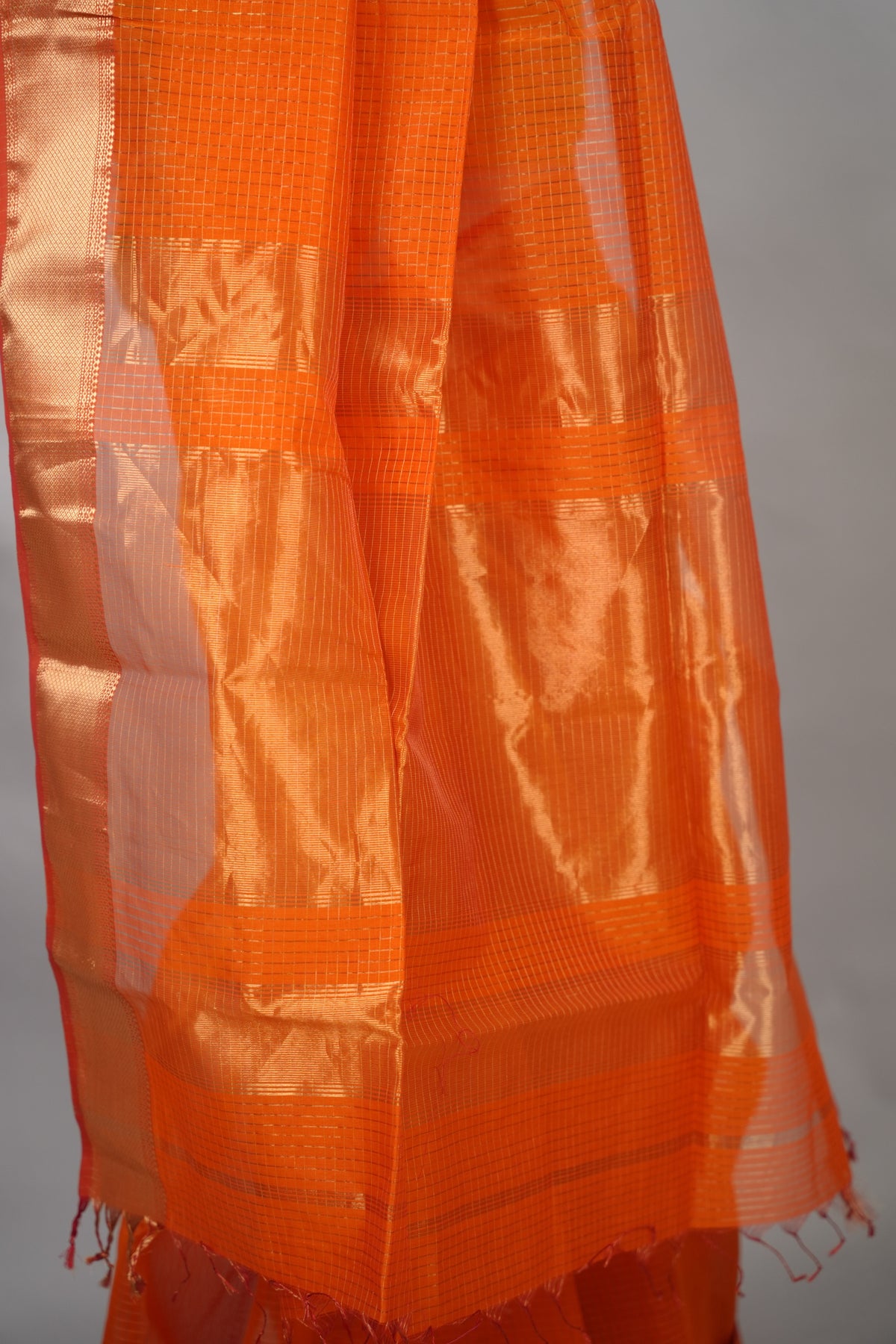 Orange Checks Handloom Maheswari Silk Cotton Sarees | Looms & Tassels