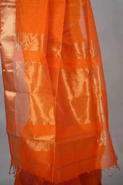 Orange Checks Handloom Maheswari Silk Cotton Sarees | Looms & Tassels
