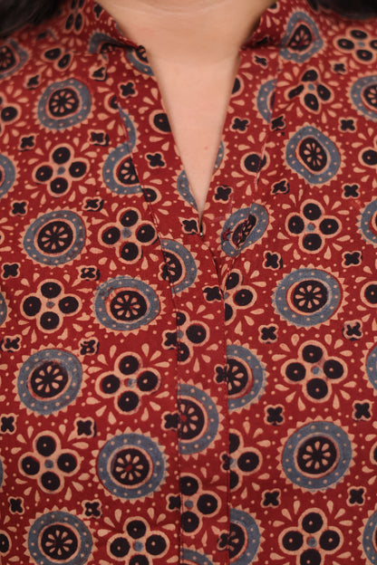 Red Ajrakh Hand Block Printed Kurti | Looms & Tassels
