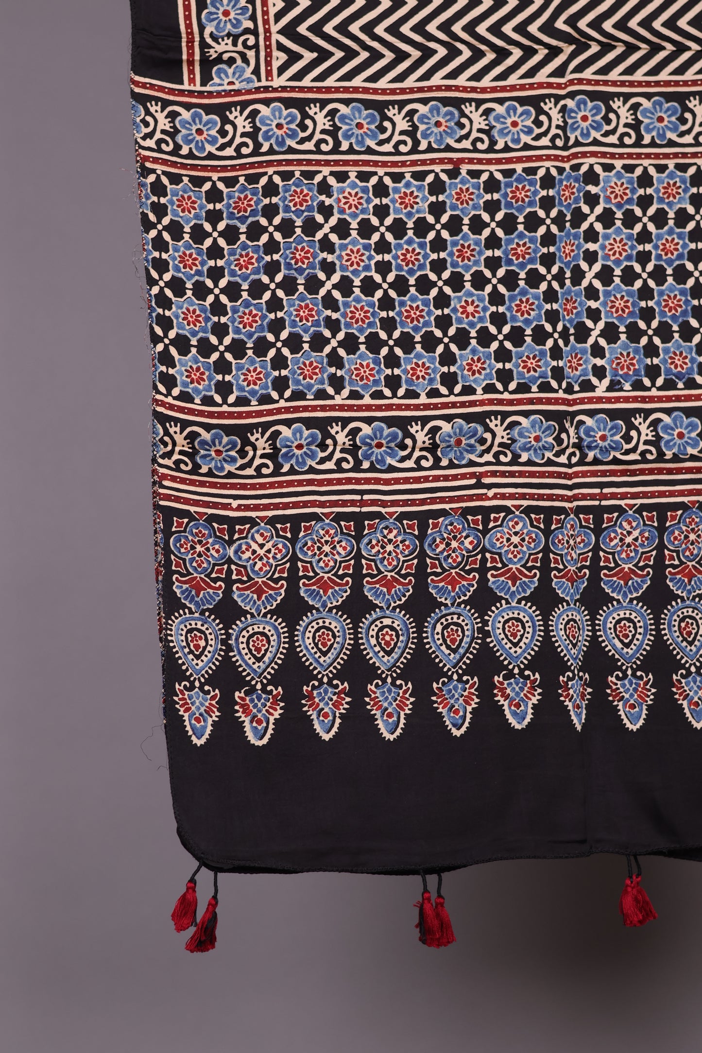 Black Ajrakh Hand Block Printed Modal Silk Stole | Looms & Tassels