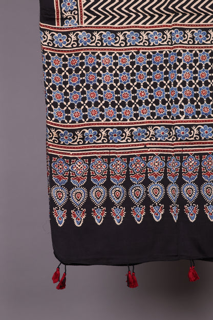Black Ajrakh Hand Block Printed Modal Silk Stole | Looms & Tassels