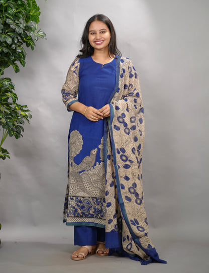 Blue Kalamkari Kota Cotton 3 piece suit (stitched) | Looms & Tassels