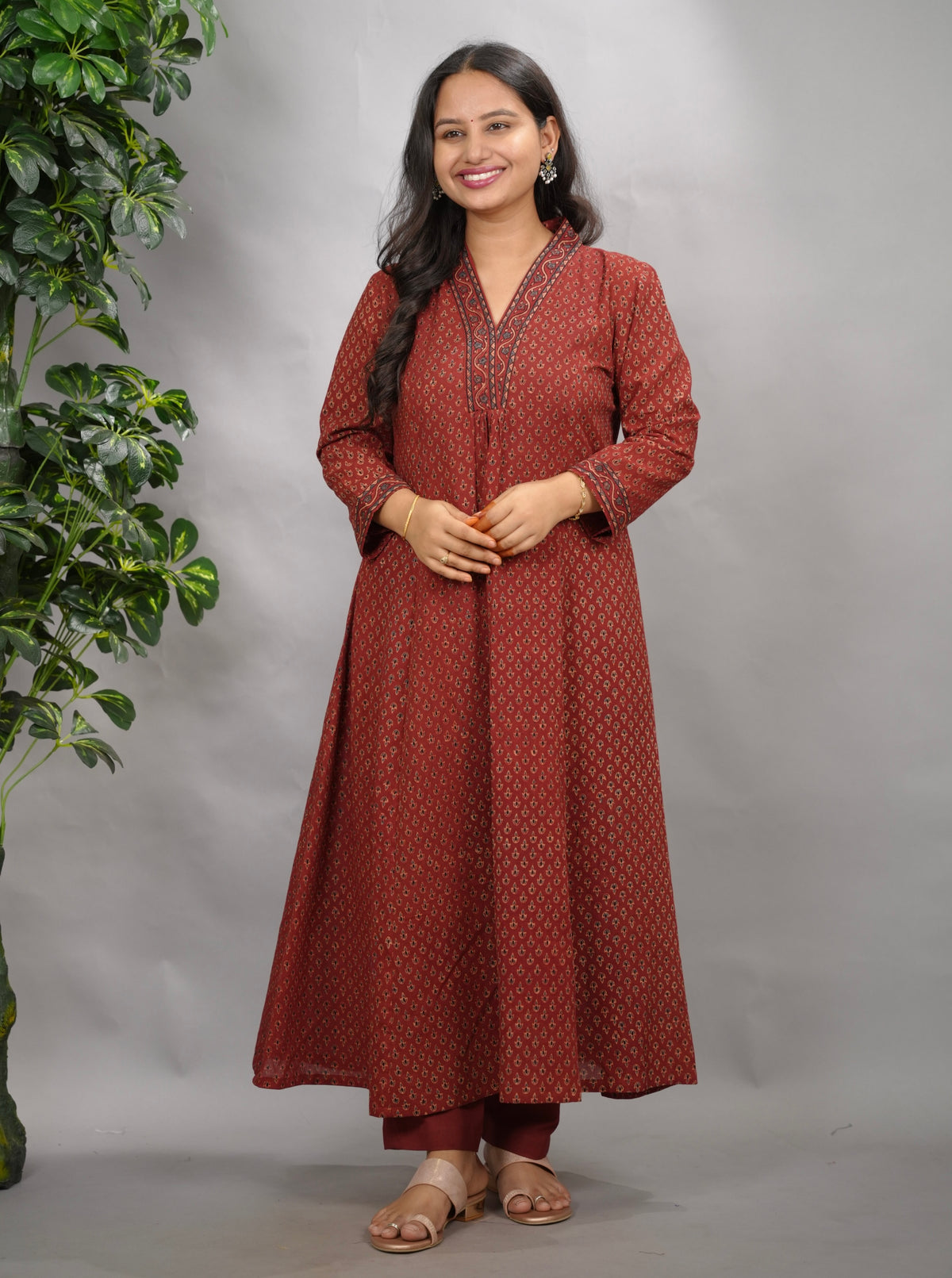 Rust Maroon Butti Ajrakh Cotton Kali Kurta | Looms & Tassels