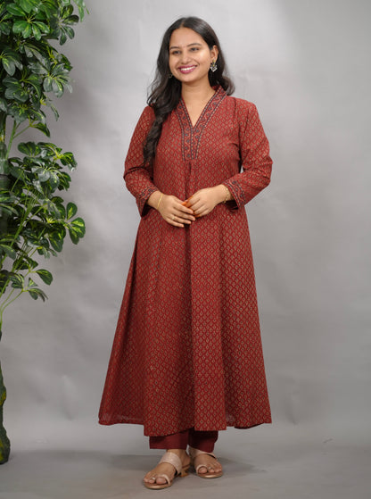 Rust Maroon Butti Ajrakh Cotton Kali Kurta | Looms & Tassels