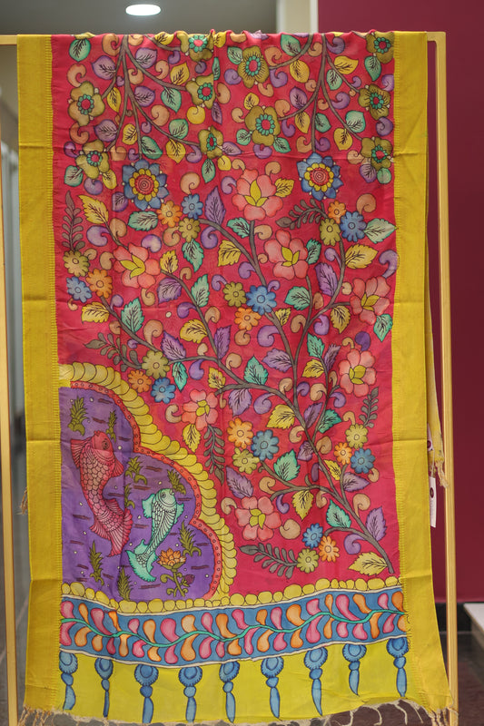 Pink Pen Kalamkari chennur silk duppata