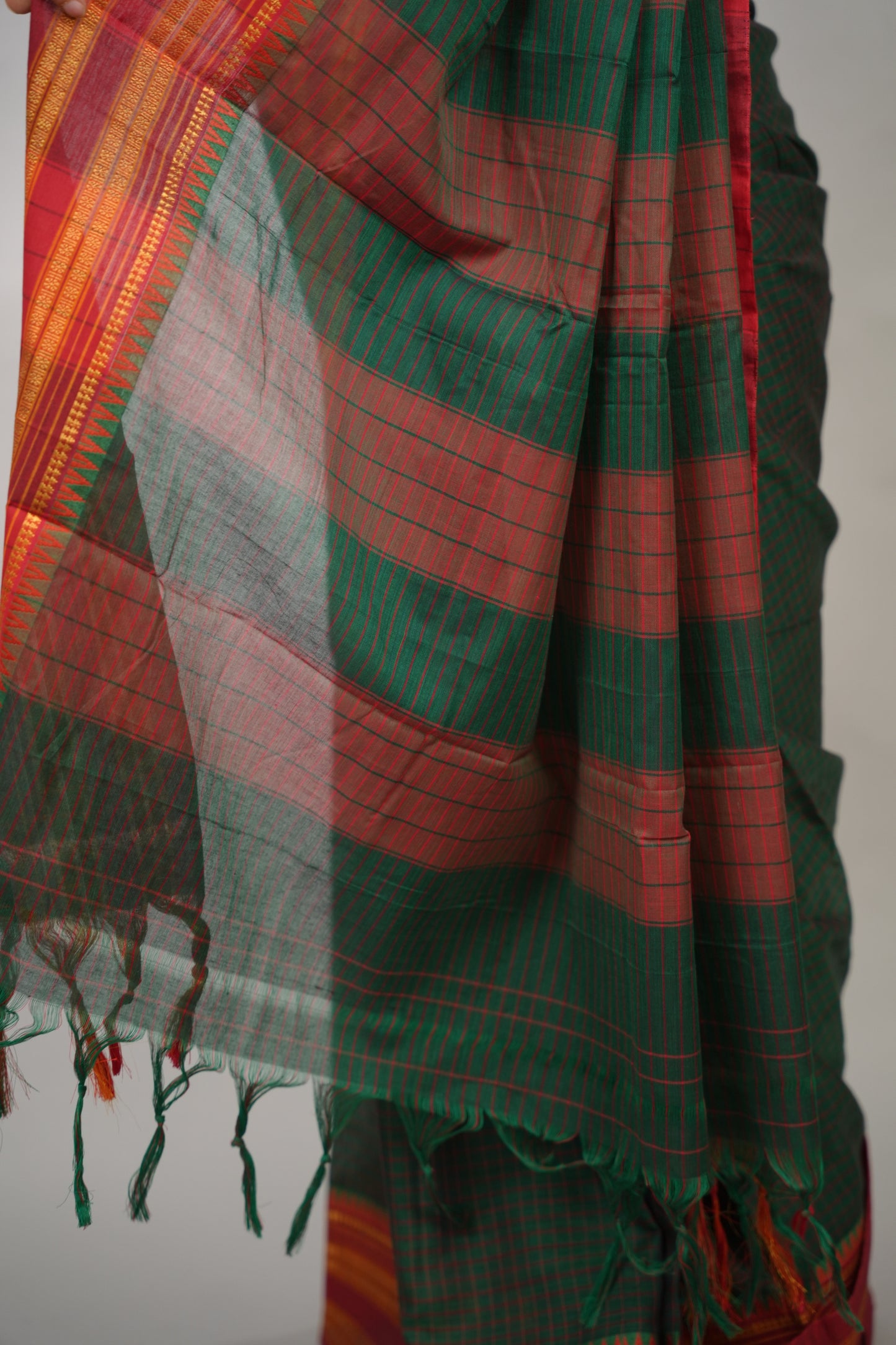 Bottle Green Checks Narayanpet Cotton Saree with Traditional contrast Border | Looms & Tassels