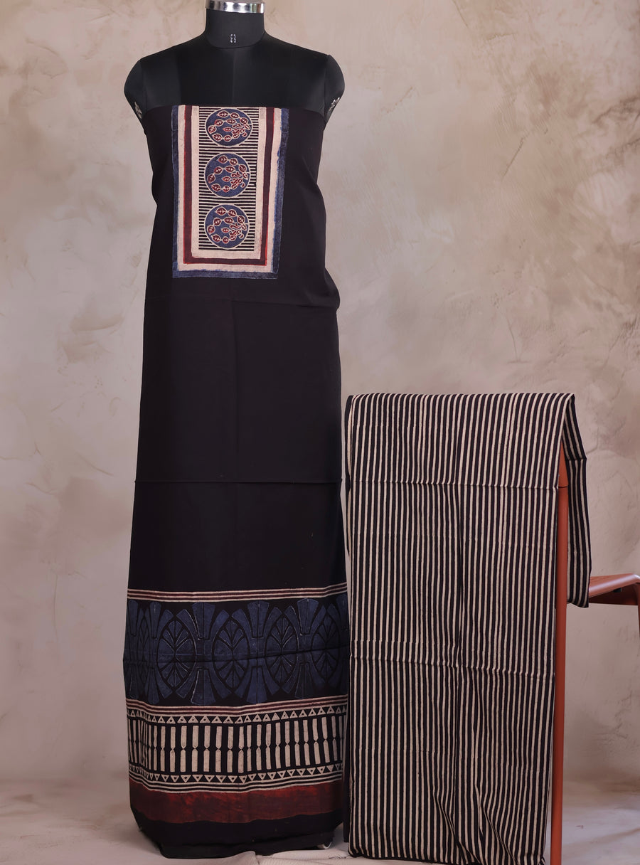 Black Ajrakh Handblock Printed Pure Cotton 2 Piece Suit Set | Looms & Tassels