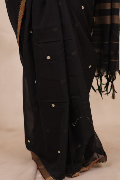 Black Narayanpet Cotton Saree With Butta Weaving | Looms & Tassels