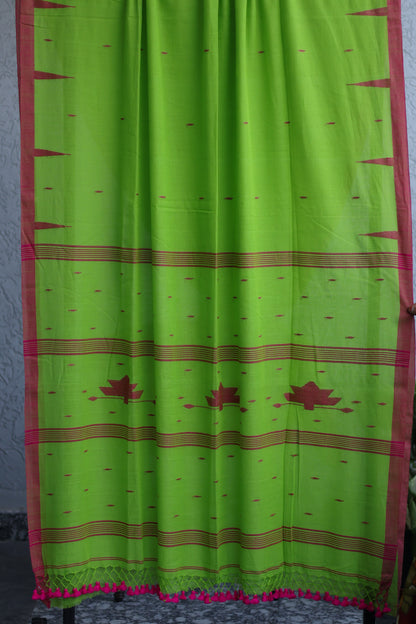 Green Pure Handwoven Malai Cotton Saree with Butta Weaving border