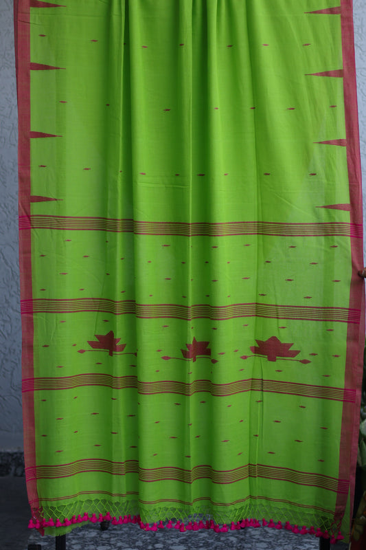 Green Pure Handwoven Malai Cotton Saree with Butta Weaving border