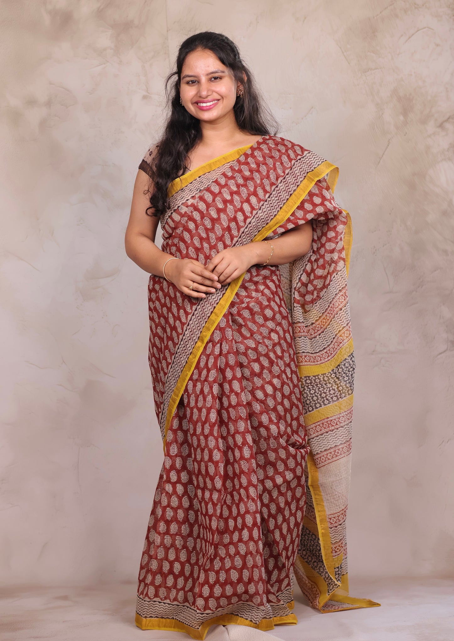 Maroon Pure Kota Doria Saree with Bagru Handblock Prints | Looms & Tassels