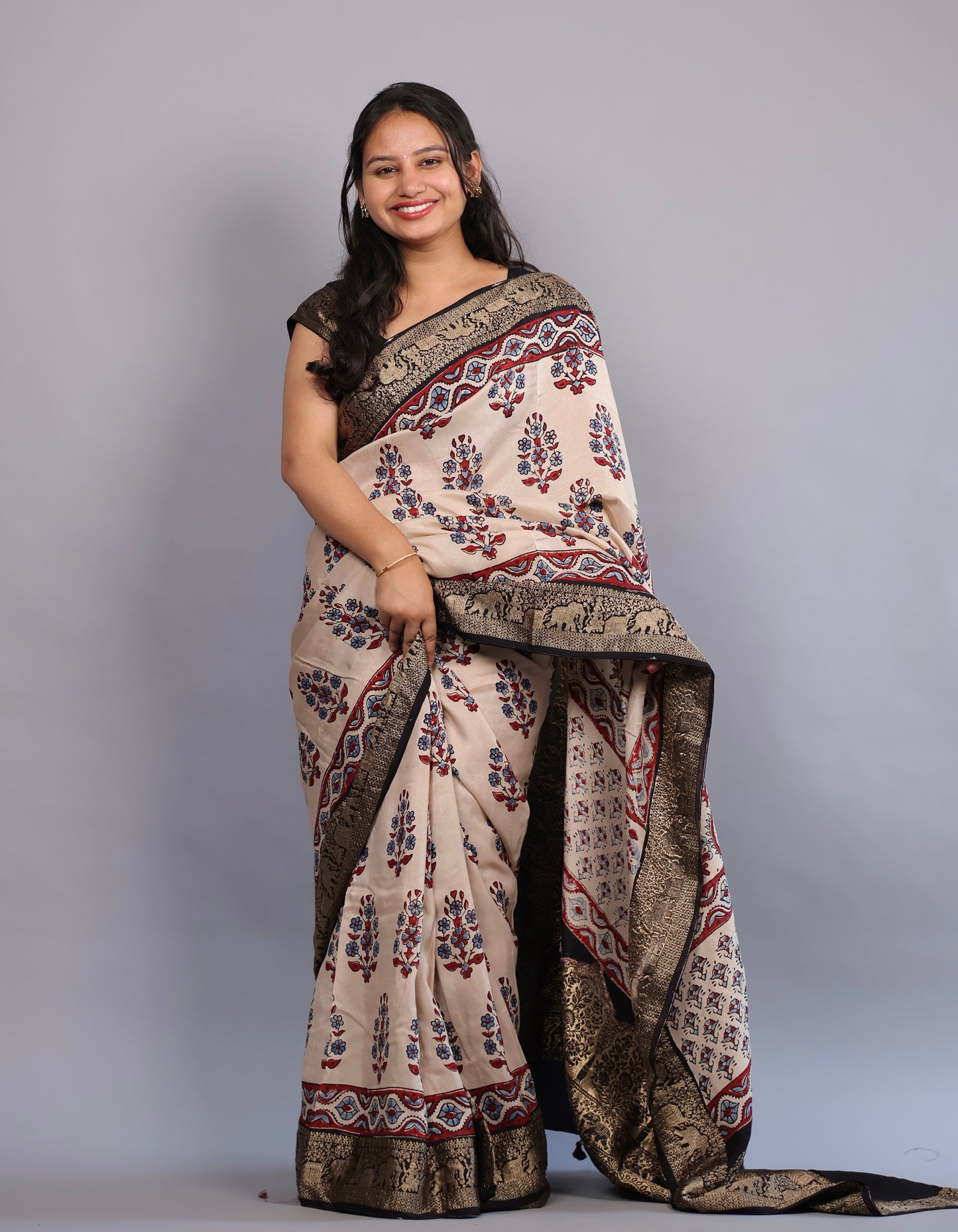 Cream Flower Butta Ajrakh Handblock printed Dola Silk Saree | Looms & Tassels