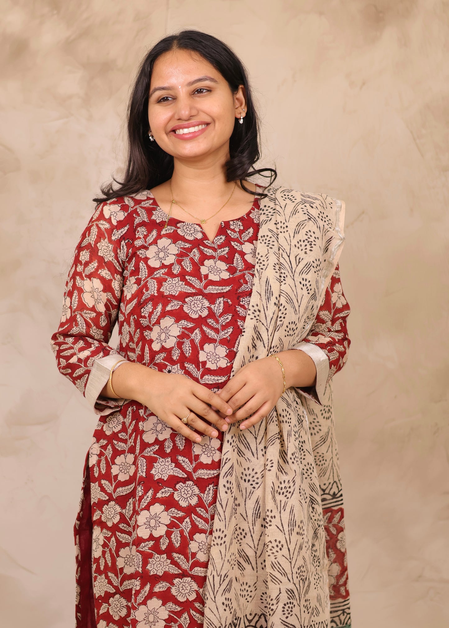 Maroon Linen Cotton Handblock printed 3 piece suit (stitched)