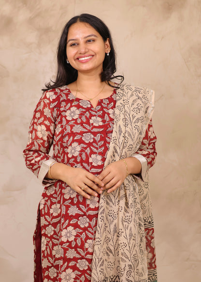 Maroon Linen Cotton Handblock printed 3 piece suit (stitched)