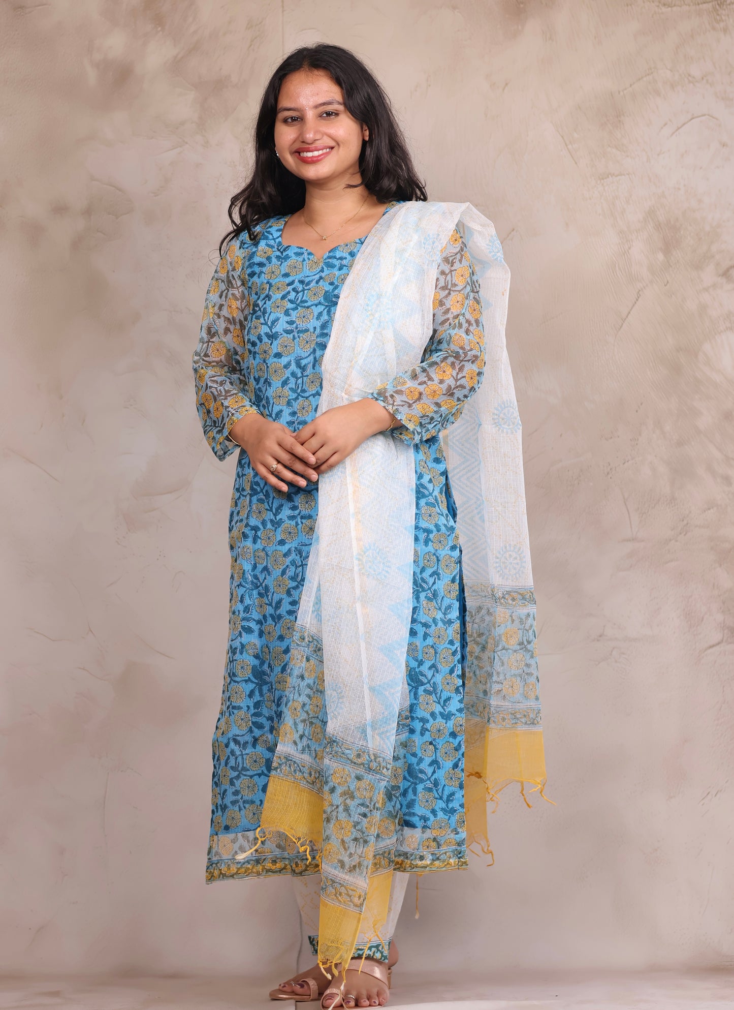 Sky Blue Bagru Handblock printed kota 3 piece suit (stitched)