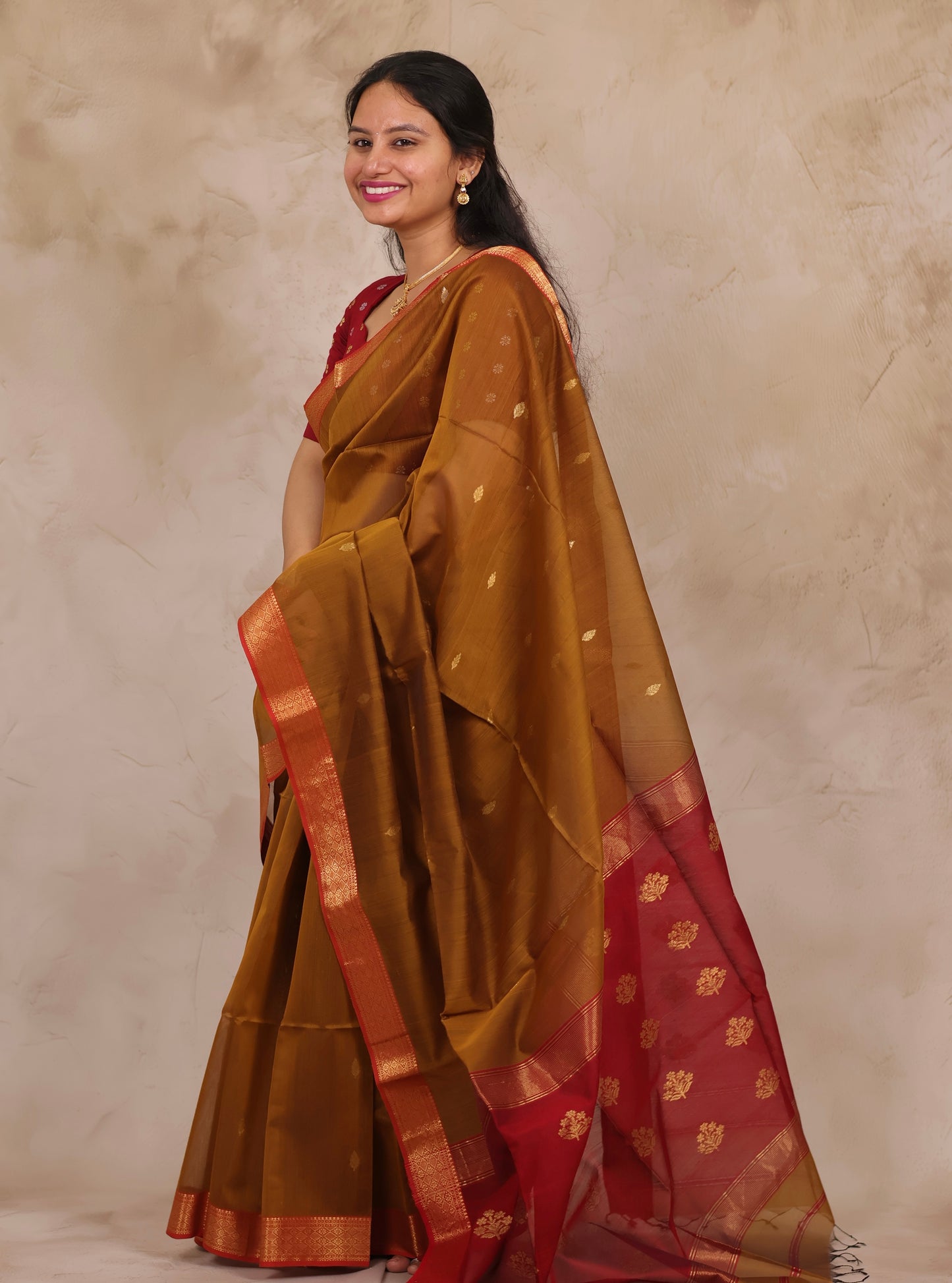 Mustard Handloom Maheswari Silk Cotton Sarees | Looms & Tassels