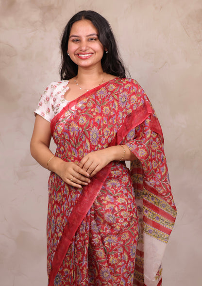 Red Chiffon Hand Block Printed Saree | Looms & Tassels