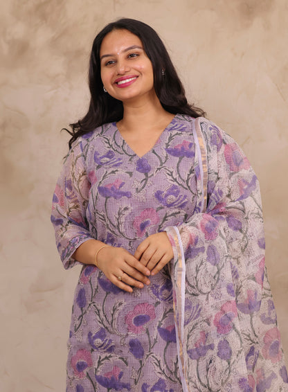 Lavender Handblock printed kota 3 piece suit (stitched)