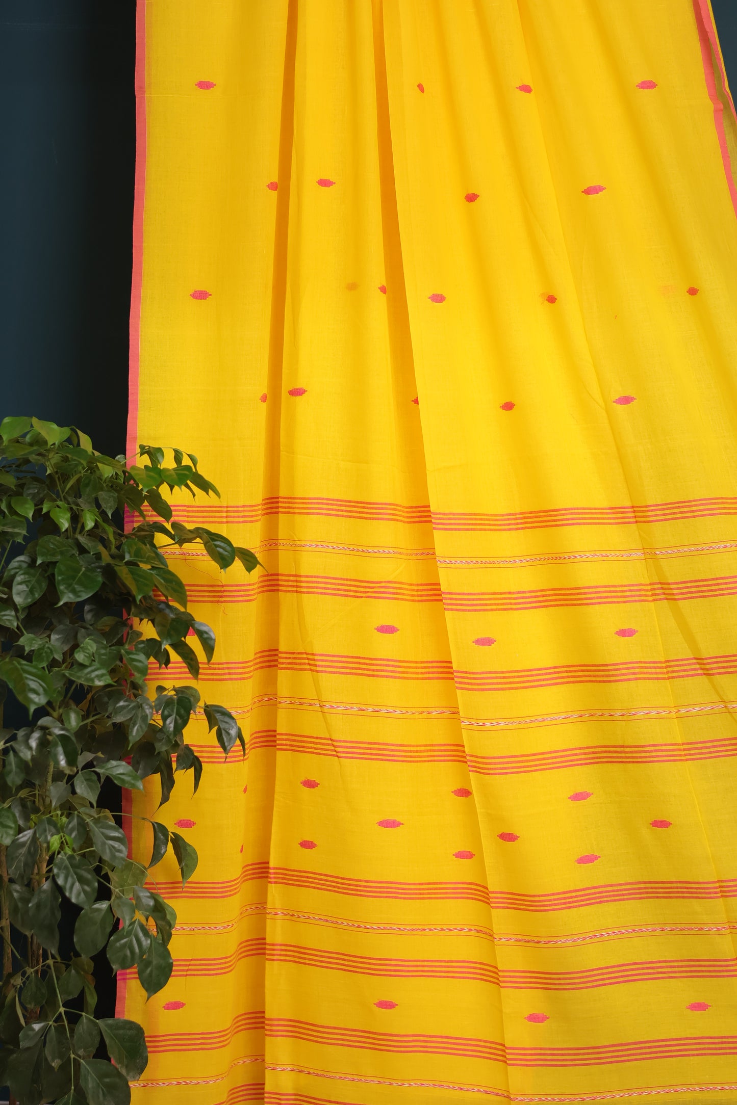 Yellow Pure Handwoven Malai Cotton Saree with Butta Weaving