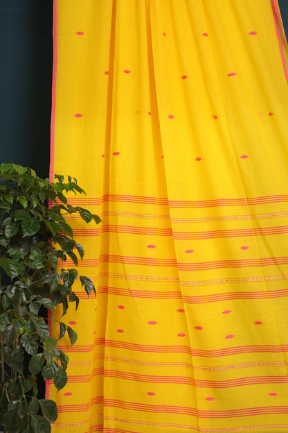 Yellow Pure Handwoven Malai Cotton Saree with Butta Weaving