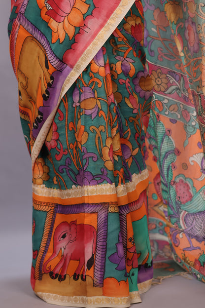 Sea Green Hand Painted Pen Kalamkari Bangalore Silk Saree with Sungdi Borders