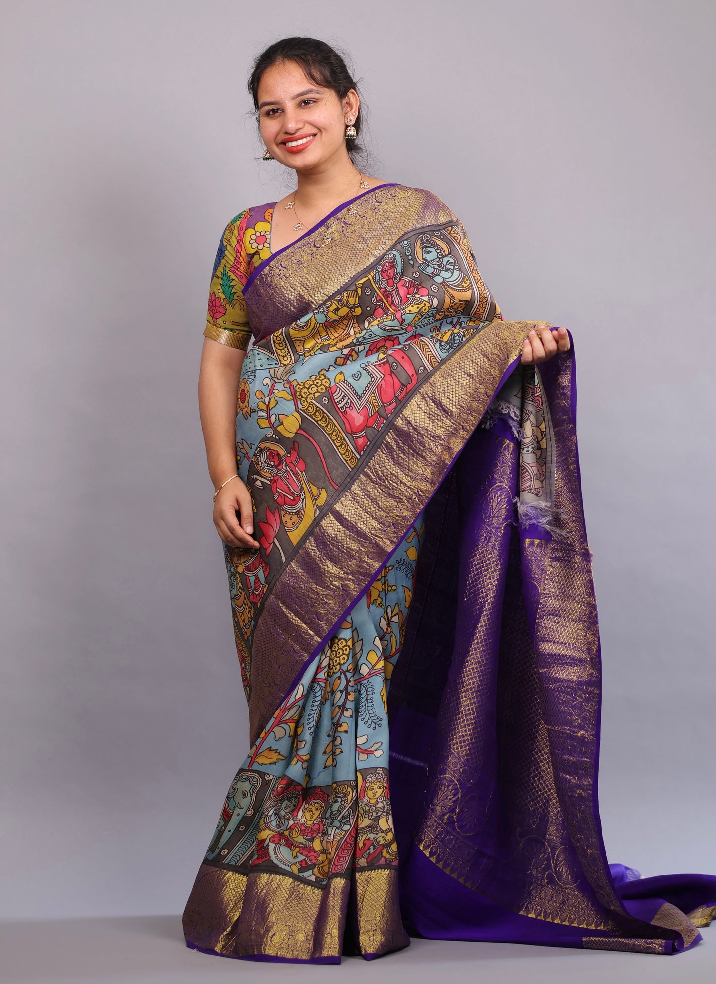 Blue Kanchi Pattu Hand Painted Pen Kalamkari Saree