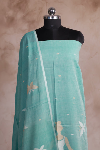 Ice Blue Handwoven Jamdhani weaving pure Malai cotton 2 piece suit sets | Looms & Tassels