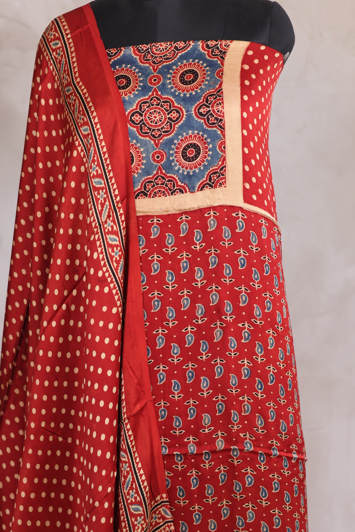 Red Mango motif Ajrakh Handblock Printed Modal Silk 2 Piece Suit Set | Looms & Tassels
