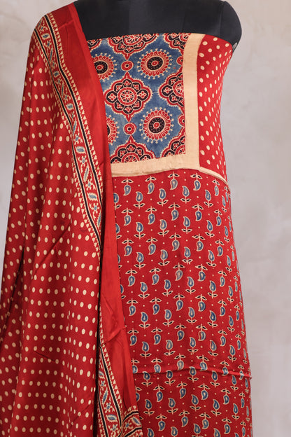 Red Mango motif Ajrakh Handblock Printed Modal Silk 2 Piece Suit Set | Looms & Tassels