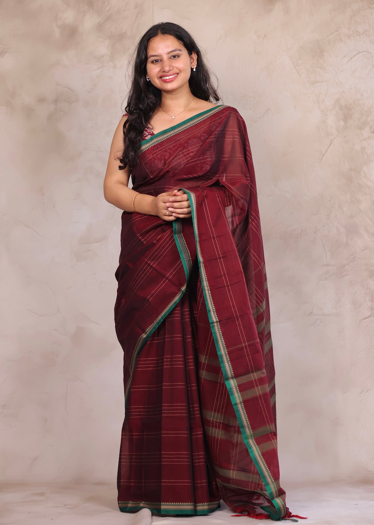 Maroon Narayanpet Cotton Saree lines weaving Saree | Looms & Tassels