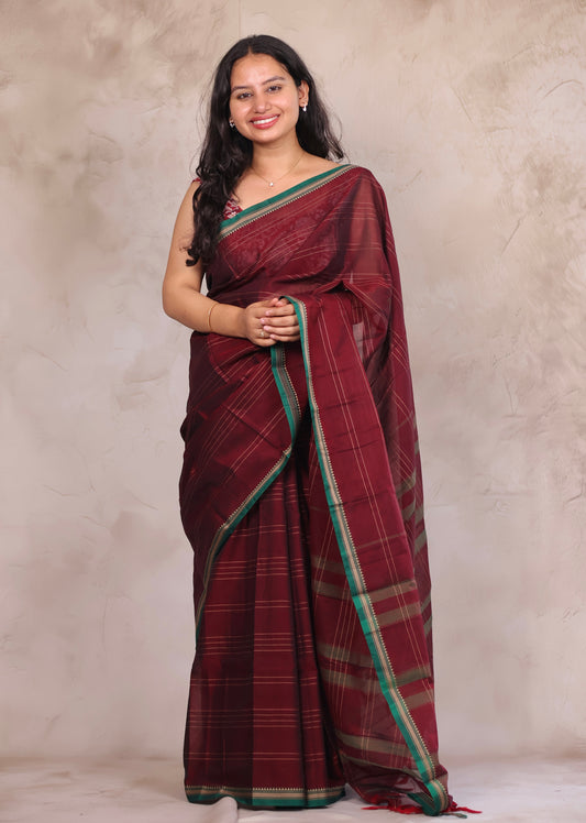 Maroon Narayanpet Cotton Saree lines weaving with block printed blouse | Looms & Tassels