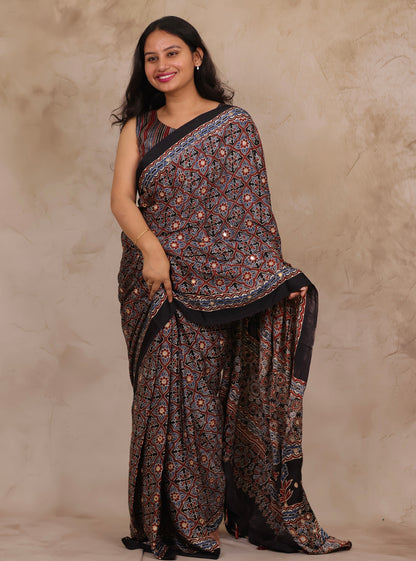 Black Handcrafted Ajrakh Modal Silk Saree with Authentic Banjara Mirror Work | Looms & Tassel