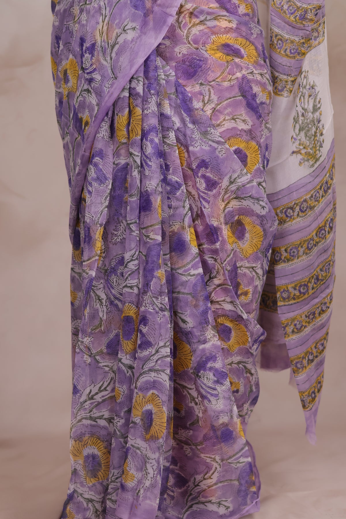 Lavender Chiffon Hand Block Printed Saree | Looms & Tassels