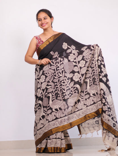 Black Nizam Border Kalamkari Silk Saree