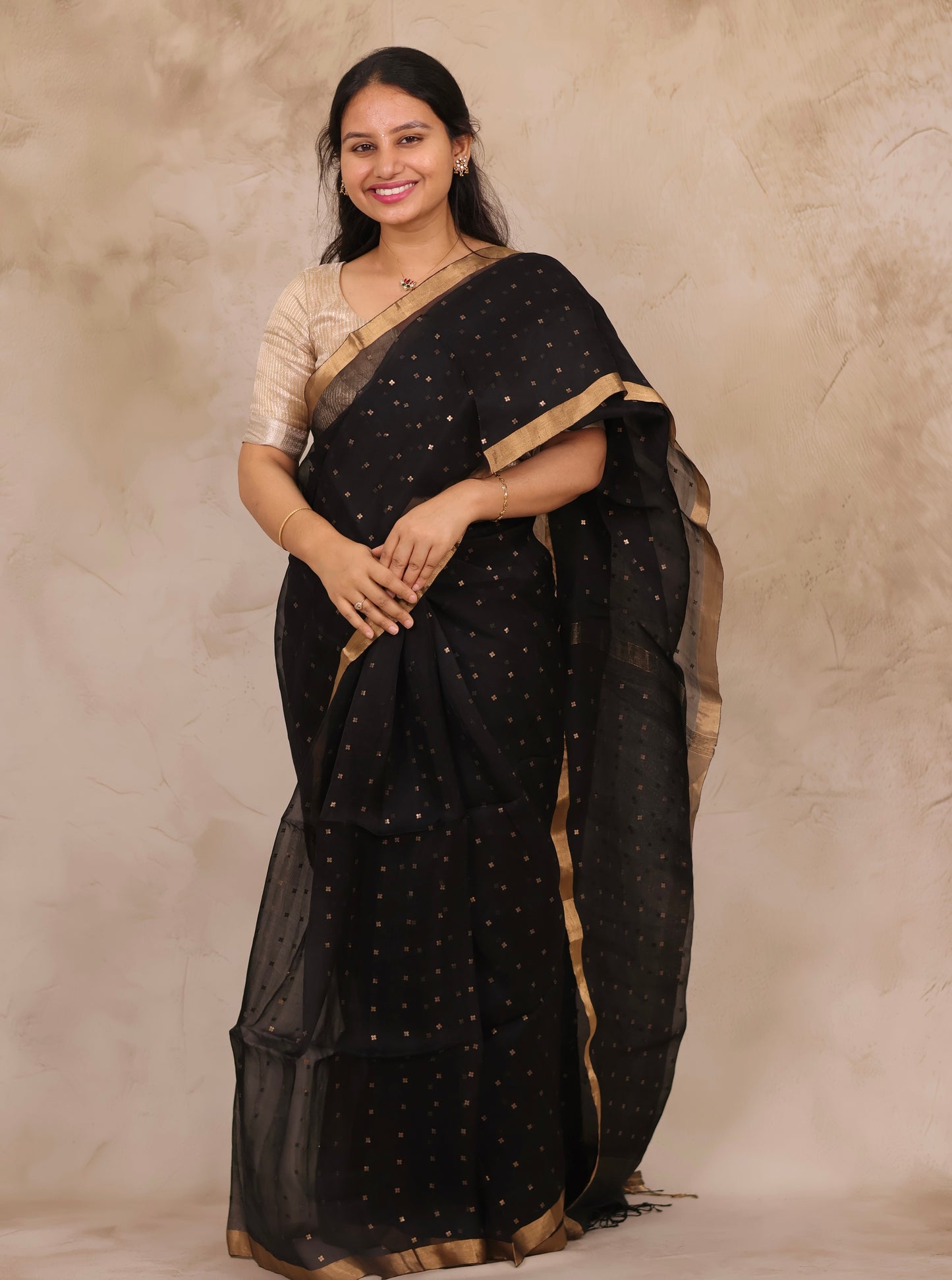 Black Handwoven Muslin Silk Saree With Sequence Work | Looms & Tassels