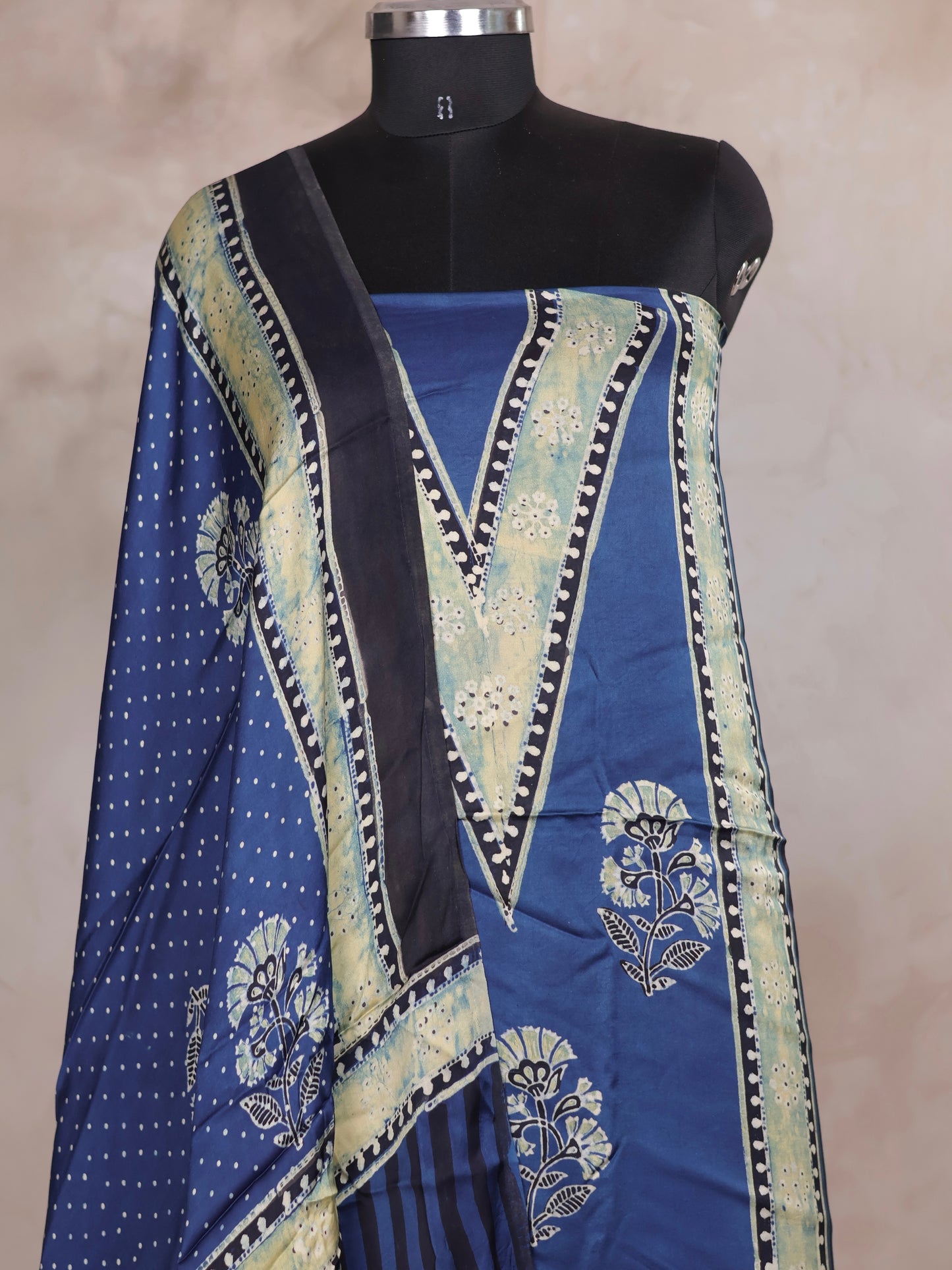 Indigo Ajrakh Handblock Printed Modal Silk 2 Piece Suit Set | Looms & Tassels