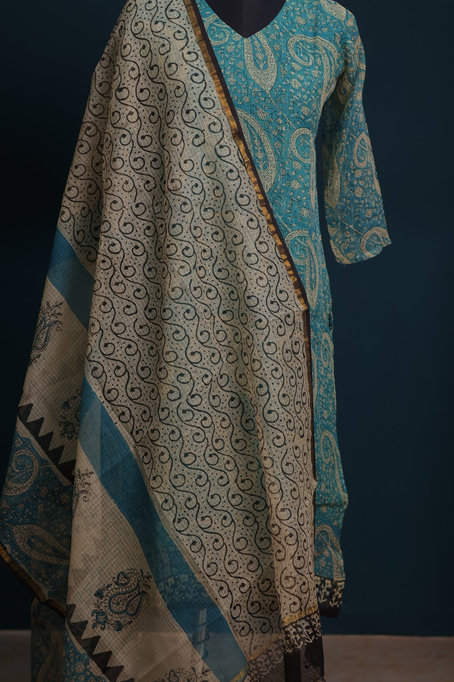 Handblock printed kota 3 piece suit (stitched)