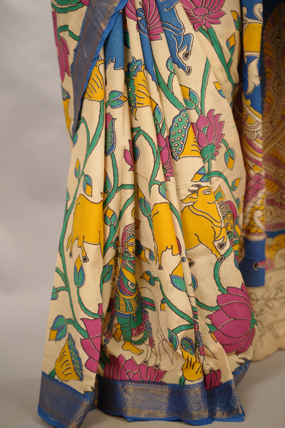 Cream Kalamkari Nizam Border Chennur Silk Saree | Looms & Tassels