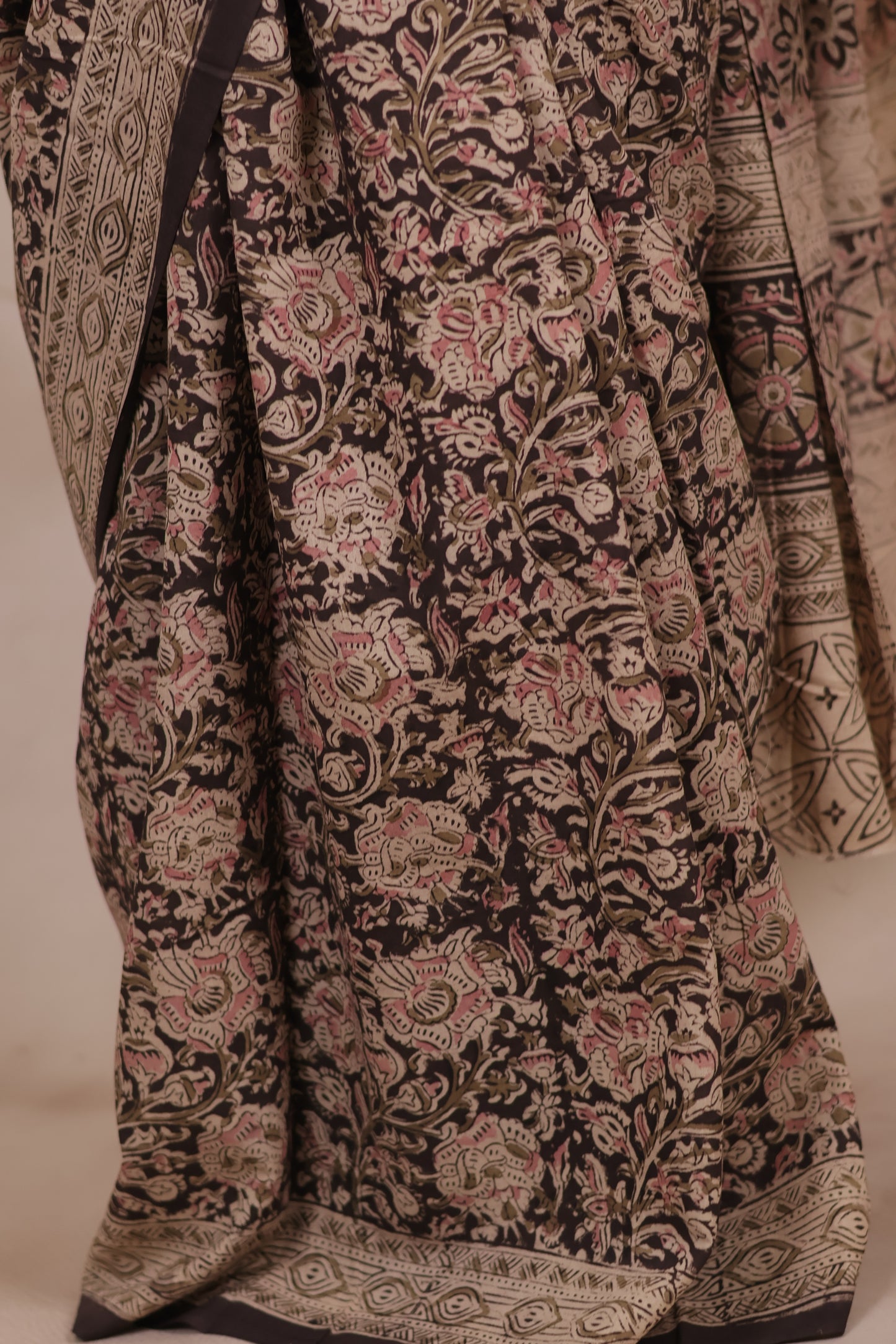 Black Hand Block Printed Kalamkari Cotton Saree | Looms & Tassels