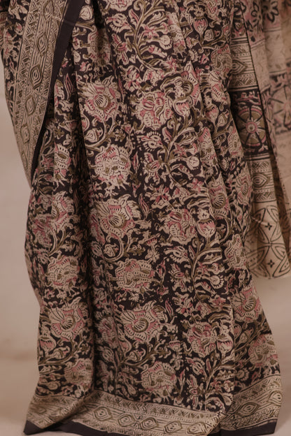 Black Hand Block Printed Kalamkari Cotton Saree | Looms & Tassels