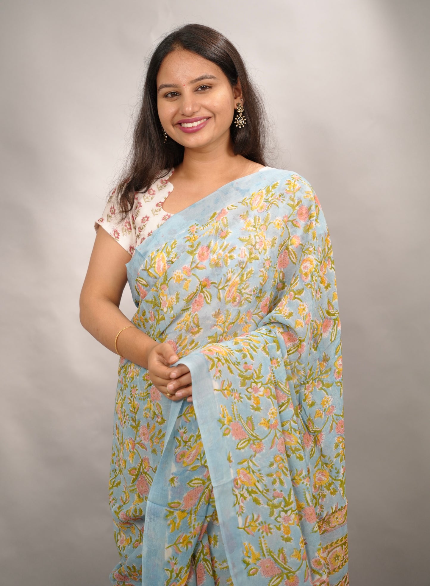 Sky Blue Georgette Hand Block Printed Saree| Looms & Tassels
