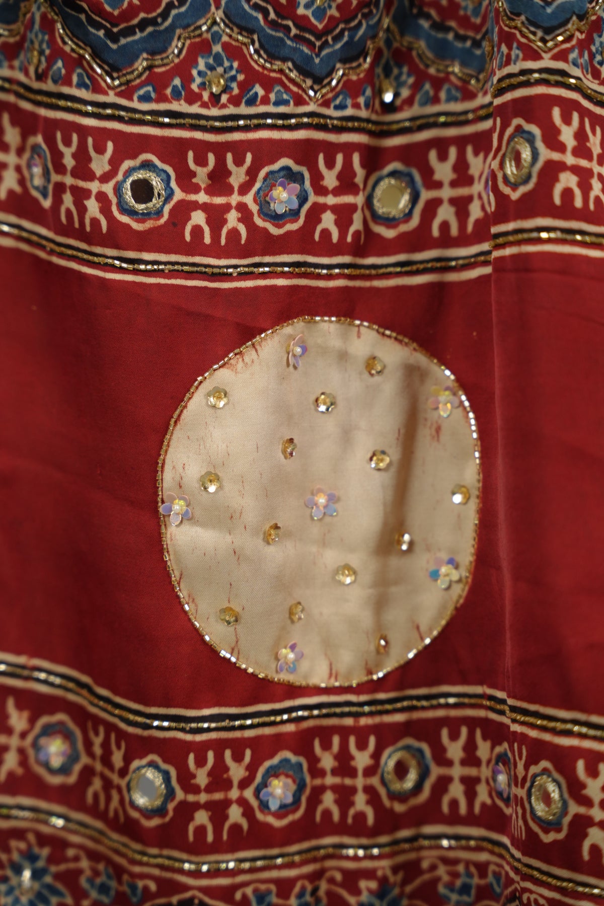 Cream Ajrakh Modal Silk Hand Embroidery Saree | Looms & Tassels