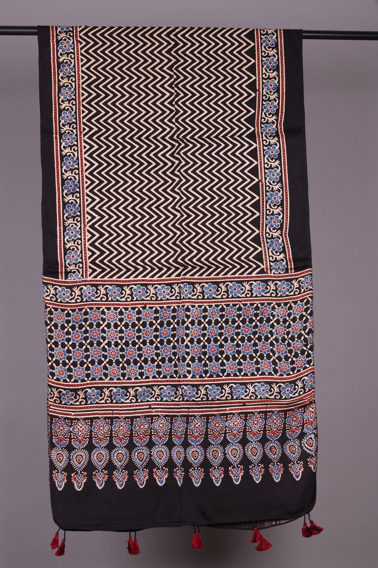 Black Ajrakh Hand Block Printed Modal Silk Stole | Looms & Tassels